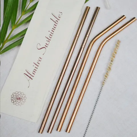 Reusable Copper Straw with Cleaner (2 Bent & 2 Straight) - Pack of 4