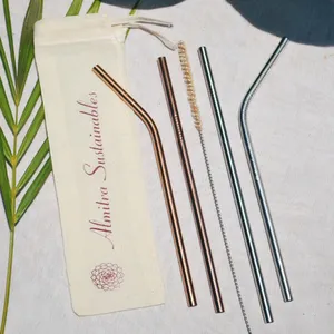 Reusable Copper & Stainless Steel Drinking Straw Set with Cleaner (Straight & Bent)