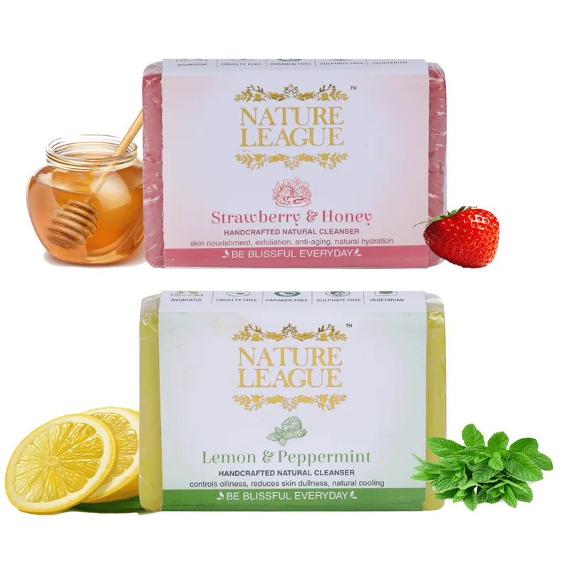 Strawberry & Honey with Lemon & Peppermint Soap Combo - Natural Handcrafted Soap, 210 gms