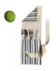 Tanuka Travel Cutlery Wrap/Pouch  in Organic Indian 'Kala Cotton' ( Dark blue lines/ Blue Stripes/ Red Stripes)