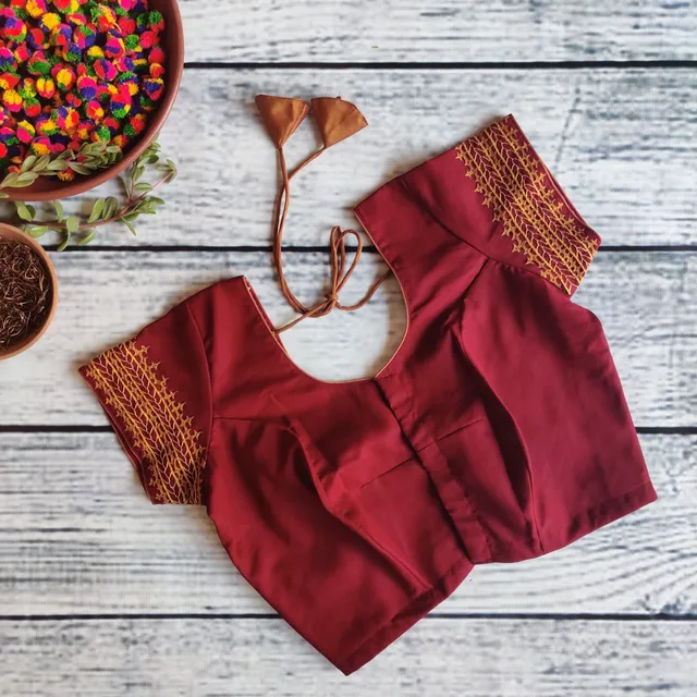 Dhinam-Kutch Embroidery-Burgundy-Readymade Blouse