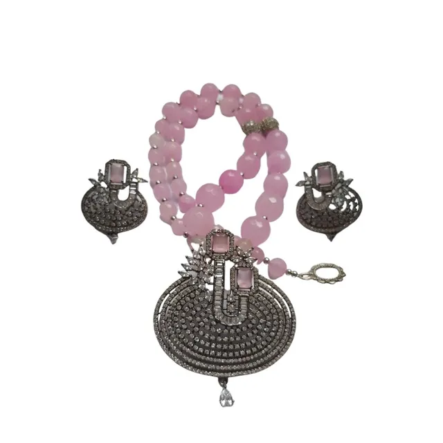 Kalainayam by Aarthi - Baby Pink Agate Beads with Stone Pendant