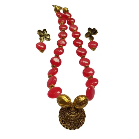 Kalainayam by Aarthi - Red Coin Agate Beads with Stone Pendant