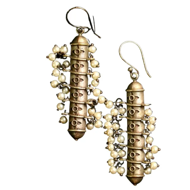 Abarnika- German Silver Dhaayam Hook Fusion Earrings with Pearls