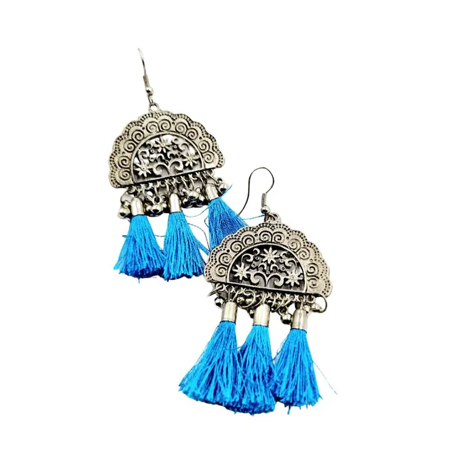 Abarnika  -Oxidized blue tassels earrings