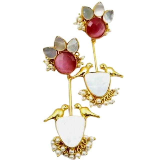 Abarnika  - Natural stone sparrow jaipur earrings - Pink