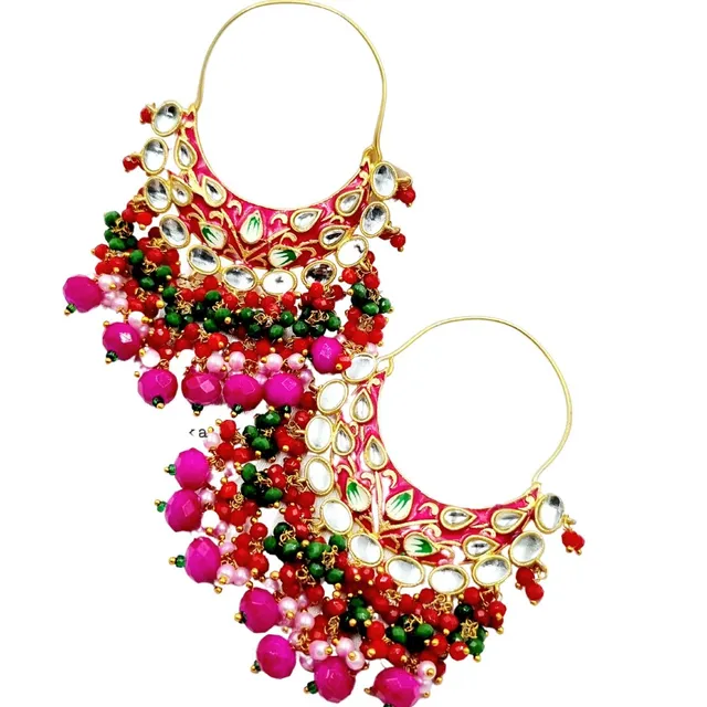 Abarnika-Pink handpainted mirror traditional chandbali earrings