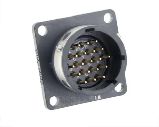 Standard Circular Connector square flange receptacle, without backshell, with 19 male PCB contacts,