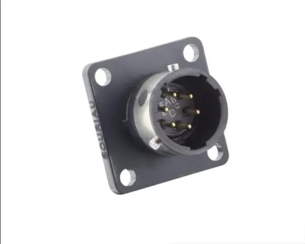 Standard Circular Connector square flange receptacle, without backshell, with 6 male PCB contacts,