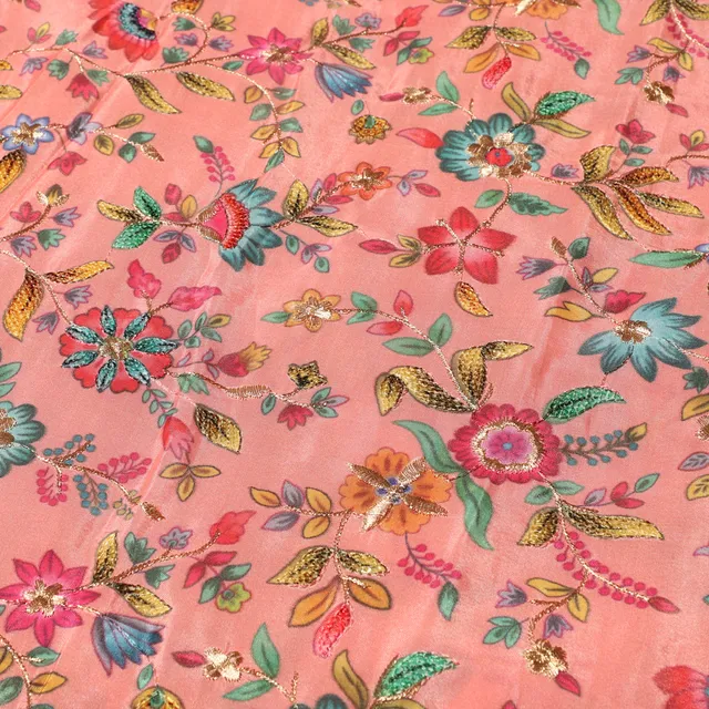 Prints and threadwork Upada-Silk fabric/Floral-fabric/Spring-Feel-fabric