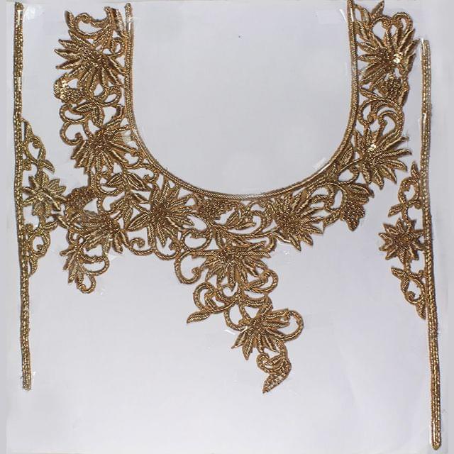 Majestically verdant rich natural elements inspired climbing flowery vines and blooms cut-out style Zardosi coil grand ornamented floral neck/arm patch