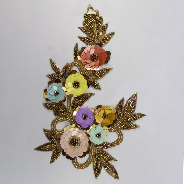 Vibrant flowers scion of the Gods lavish floral brooch motif sequins and assorted beads upscale embellished contemporary bridal festive floral patch
