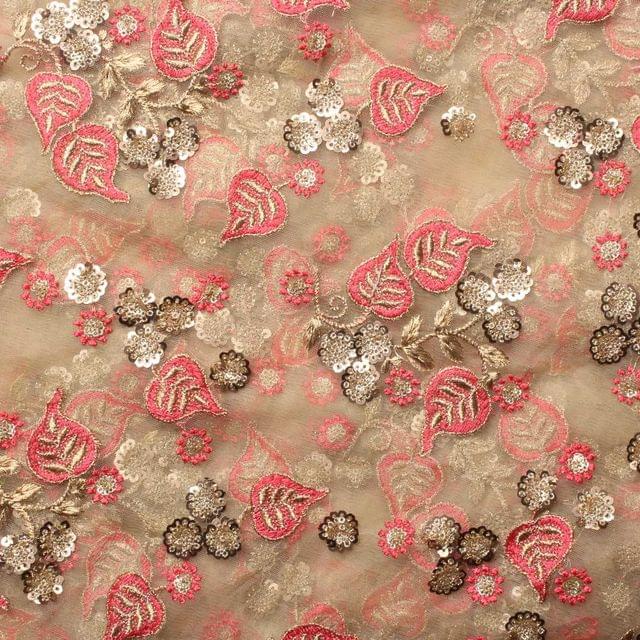 Peach leafy traditional motifs floral thread work sequins royal fabric