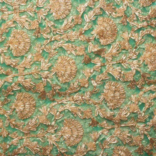 Poison-Ivy-green richness Zari-ribbon royal embellished bridal fabric