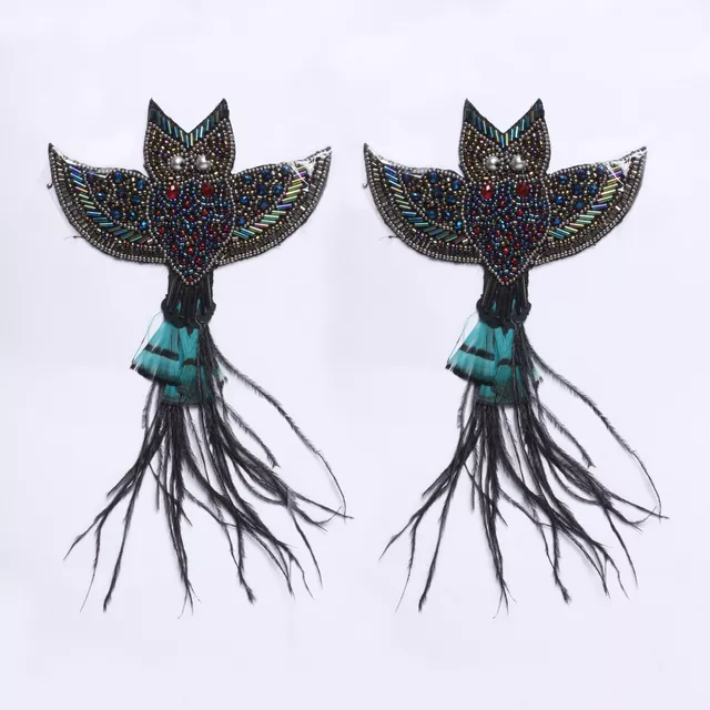 Owls-in-flight twin-patch/Black-Bird-patch/Beads-sequins-feather-patch