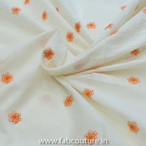 Off-White Cotton with Orange Booti Embroidered Fabric