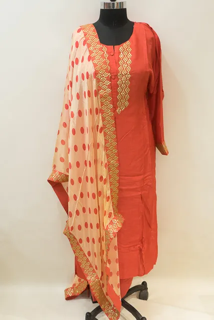 Coral Red Monga Silk Embroidered Suit Set