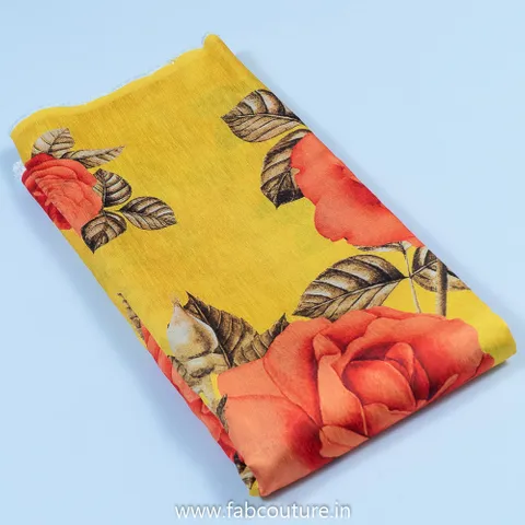 Yellow Poly Raw Silk Digital Printed Fabric