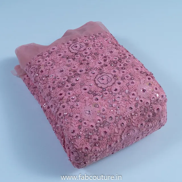 Pink Net Thread and Sequin Embroidered Fabric(90Cm Piece)