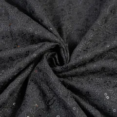 Black Color Rayon Chikan Embroidered Fabric
