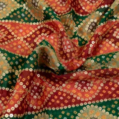 Green n Rust Chinon Chiffon Bhandej Sequins Embroidered Fabric