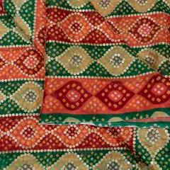 Green n Rust Chinon Chiffon Bhandej Sequins Embroidered Fabric