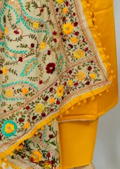Mustard Color Glaze Cotton Embroidered Suit With Silk Hand Embroidered Dupatta And Cotton Bottom