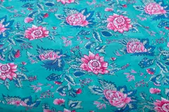 Blue  Color base Pure Muslin with pink flowers Printed Fabric