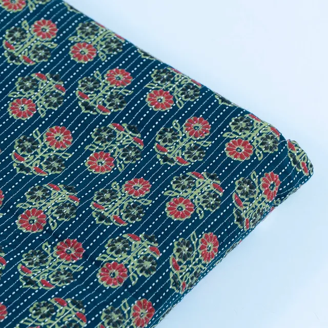 Green Color Katha Dobbi Ajarakh Printed Fabric