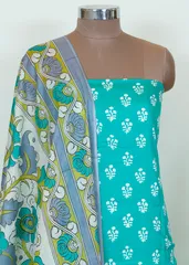 Firozi Color Cotton Print shirt With Cotton Bottom And Cotton Printed Dupatta