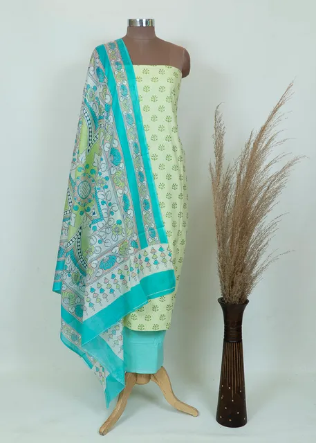 Lime Green Color Cotton Print Shirt With Cotton Bottom And Cotton Printed Dupatta