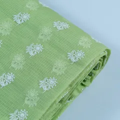 Green Color Pure Kota Thread Embroidered Fabric