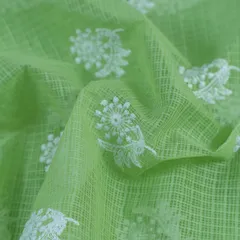 Green Color Pure Kota Thread Embroidered Fabric