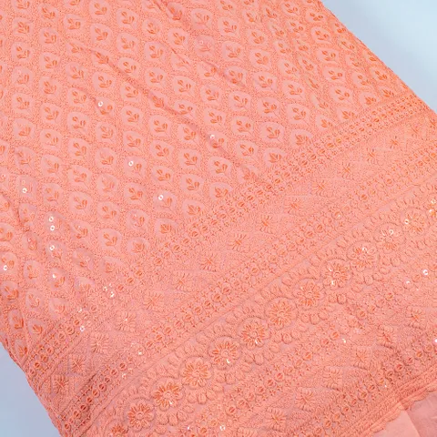Peach Color Rayon Chikan Embroidered Fabric