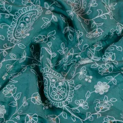 Green Color Muslin Thread Embroidered Fabric
