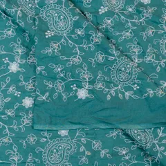 Green Color Muslin Thread Embroidered Fabric