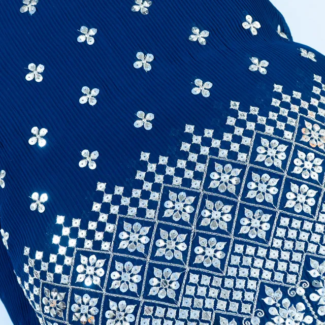 Navy Blue Color Pleated Georgette Embroidered Fabric
