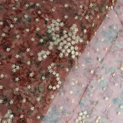 Rust Color Printed Organza with Embroidered Fabric