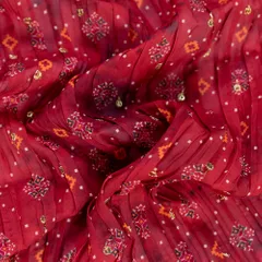 Red Color Embroiderd Georgette Pleated Printed Fabric with Green Border