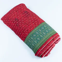 Red Color Embroiderd Georgette Pleated Printed Fabric with Green Border