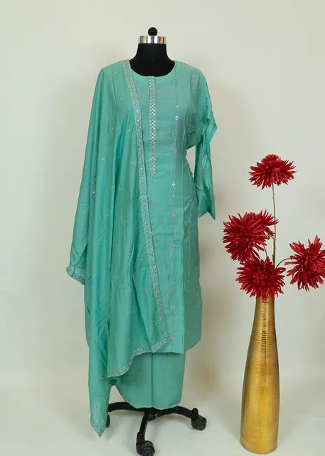 Sea Green Color Chanderi Embroidered Shirt With Cotton Lower And Chanderi Dupatta