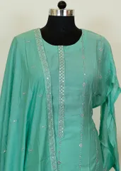Sea Green Color Chanderi Embroidered Shirt With Cotton Lower And Chanderi Dupatta