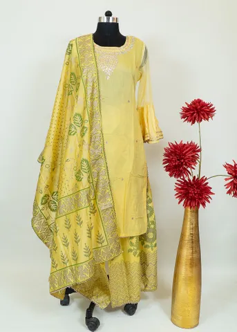 Lemon Color Embroidered Chanderi Shirt Printed Sharara Suit Set With Printed Chanderi Dupatta
