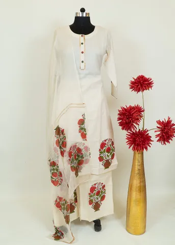 Cream Color Cotton Printed Sharara Suit Set With Printed Chiffon DUpatta