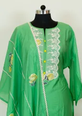 Dark Green Color Chanderi Printed Shirt With Cotton Lower And Voil Dupatta