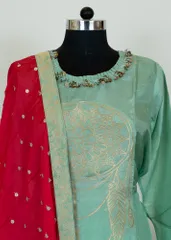Sea Green Color Dola Silk Shirt With Shantoon Lower And Red Color Chinon Dupatta