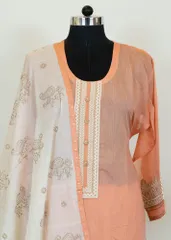 Peach Color Chanderi Embroidered Shirt With Cotton Lower And Cream Muslin Dupatta