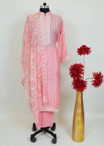 Pink Color Chanderi Shirt With Cotton Bottom And Chiffon Embroidered Dupatta