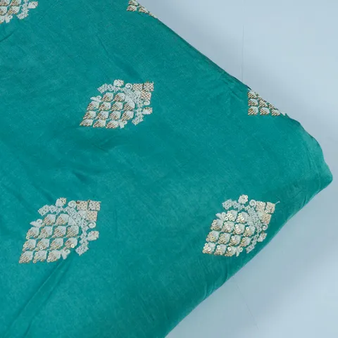Green Color Muslin Embroidered Fabric