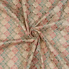 Peach Color Dupion Silk Thread Embroidered Fabric